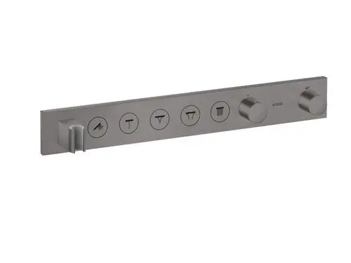 Thermostatmodul von AXOR in gebürstetem Schwarzchrom mit Bedienelementen für die Steuerung von bis zu fünf Verbrauchern.